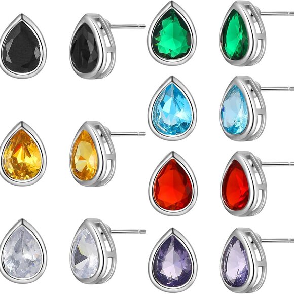 Set of 7 Multicolor Sterling Silver WaterDrop Stud Earrings with AAA CZ for Wome - Picture 1 of 7